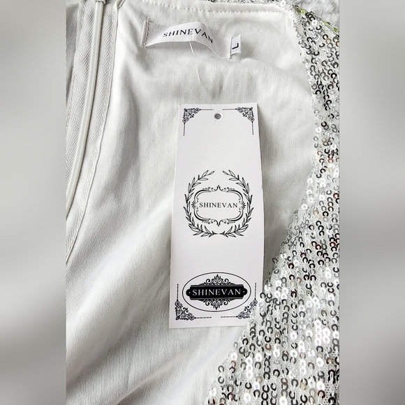 🏷🆕️ Sexy Deep-V Sequin Glitter Tassel Sleeve Party Mini Dress - Silver - L - Picture 12 of 16